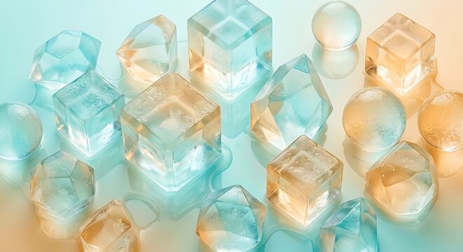 A beautiful 3D digital art composition featuring various translucent geometric shapes. The arrangement includes glossy glass cubes, crystal spheres, and sharp polygons scattered across a reflective su