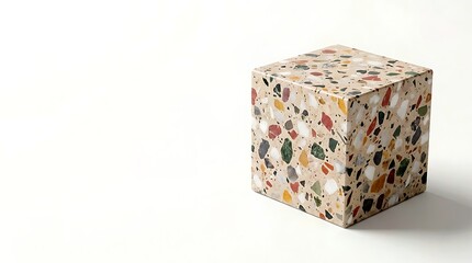 Obraz premium 3D illustration of a geometric terrazzo stone cube podium with colorful marble chips pattern, isolated on a white background with copy space.