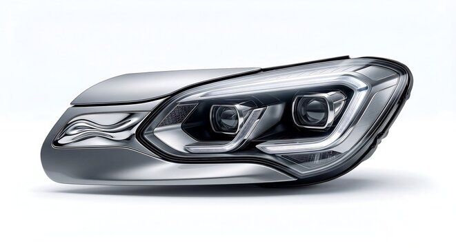 High-tech automotive design featuring a futuristic car LED headlight with advanced optical lenses, aerodynamic styling, and integrated housing elements, isolated on a clean white background.
