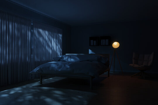 3D Rendering of a bedroom with cozy bed next to lamp and armchair illuminated by leaf light patterns