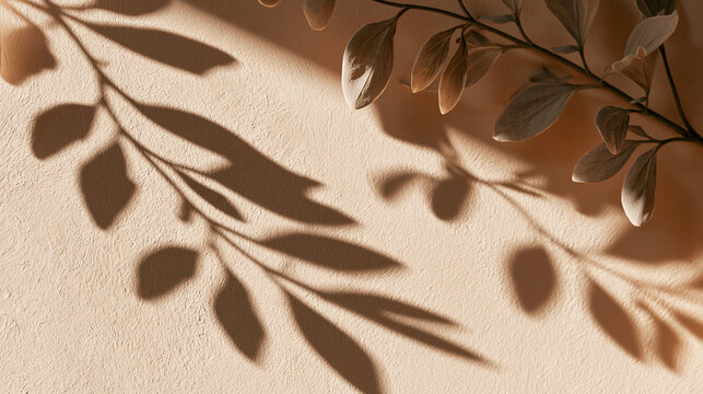Soft botanical shadows on beige plaster with copy space showcasing luxury skincare branding background and clean natural beauty