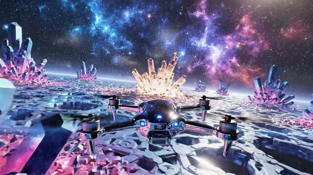 A futuristic drone hovers amidst vibrant crystal formations and celestial bodies