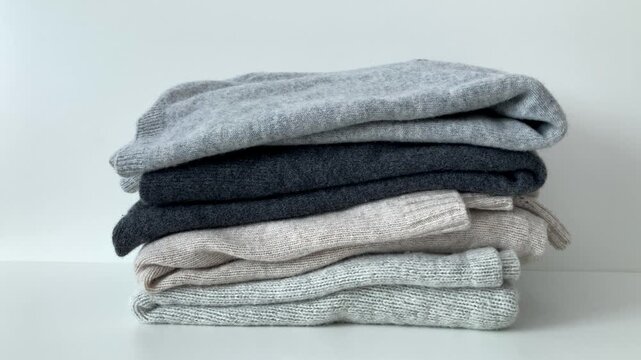 A woman puts woolen sweaters in an even pile. The change of season, the transition from the cold season to a milder and brighter period
