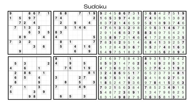 Printable Sudoku collection with blank challenges and completed solutions for brain training activities