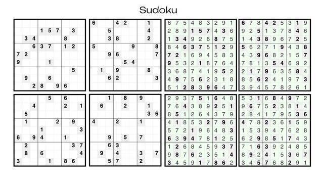 Sudoku game template with four number grids showing puzzles and solved versions for newspaper publication