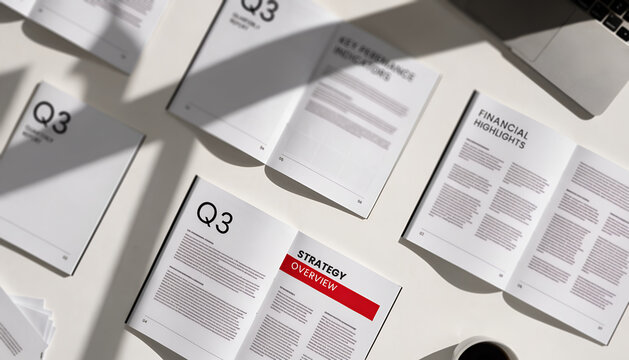 Flat lay of important business strategy documents for corporate planning and analysis