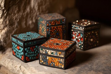 Obraz premium Collection of small intricately designed mosaic gift boxes displayed on a textured surface