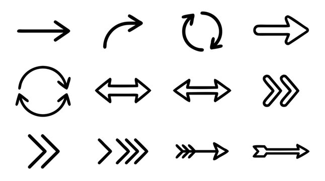 Arrows Navigation Icon Set with Curved and Straight Vector Outlines for Directional Flow and Ui Signage