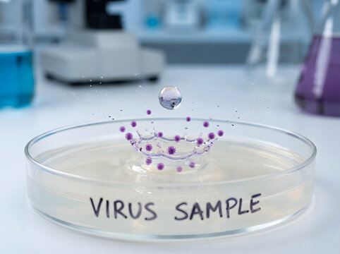 Virus particles interact with liquid surface in laboratory petri dish experiment