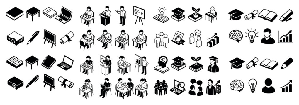 Education icons with desk laptop board outline