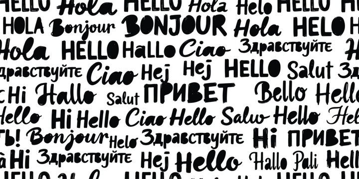 Seamless pattern with hello greetings in various world languages written in black ink brush font