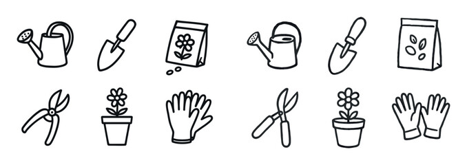 Naklejka premium Gardening icons with watering can trowel gloves outline