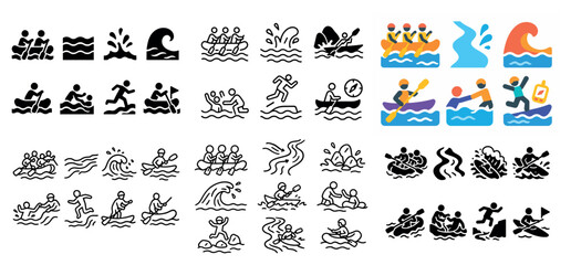 Naklejka premium Water sports icons with raft paddle wave outline