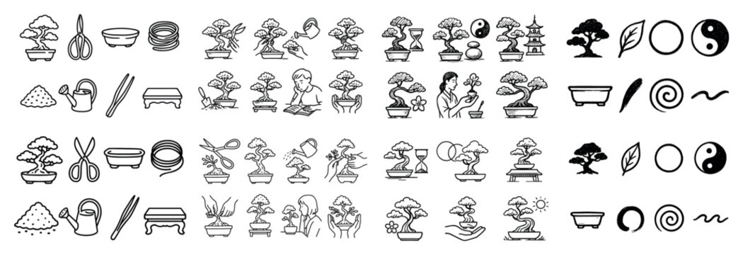 Bonsai icons with pot scissors soil outline