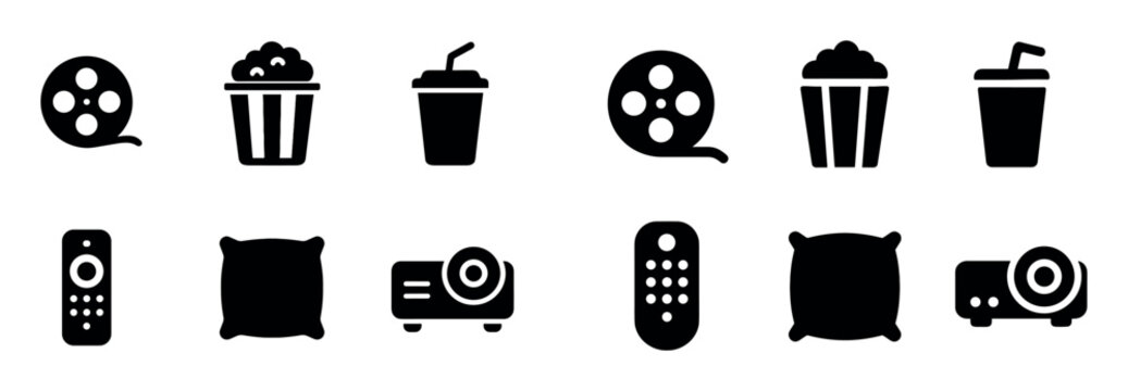 Cinema icons with reel and popcorn minimal