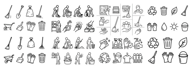 Fototapeta premium Cleaning icons with broom gloves bucket flat outline