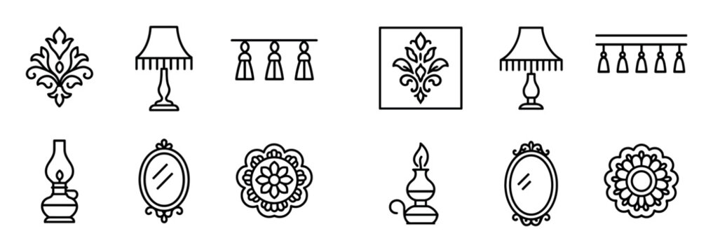 Home decor icons with lamp mirror ornament outline
