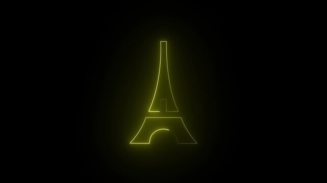 Abstract Neon Glowing Yellow Color Eiffel Tower Icon in Paris at Night  On Black Background 4k Animation Video.