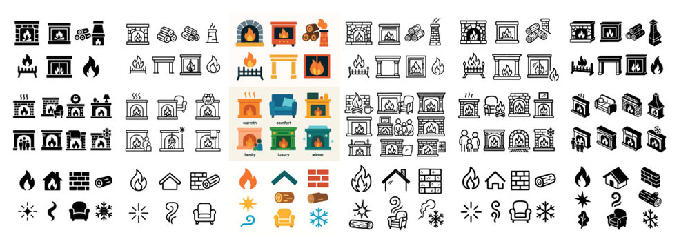 Home icons with fireplace and chair colorful minimal