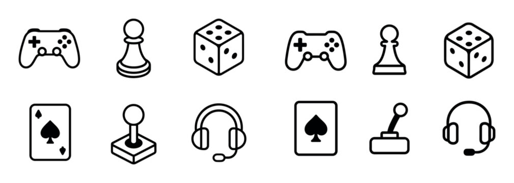 Gaming icons with controller pawn dice minimal
