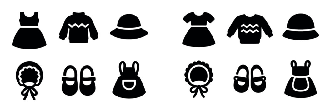 Kids clothing icons with dress shoe bonnet flat