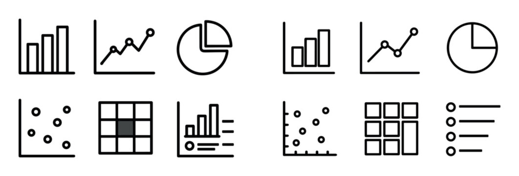 Analytics icons with bar line pie minimal outline