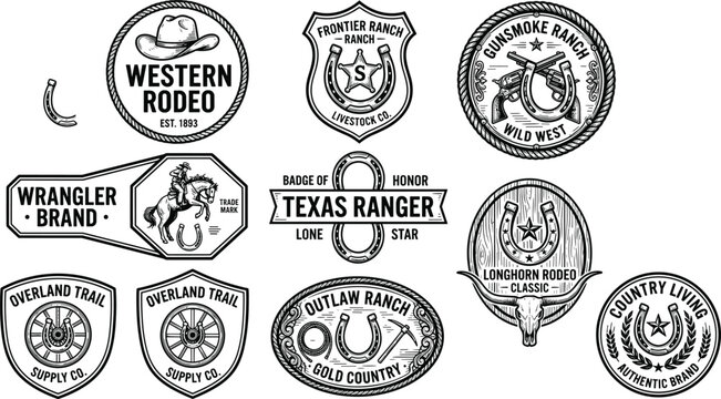 Vintage wild west western rodeo vector badge set with cowboy hats horseshoes texas ranger sheriff star emblems