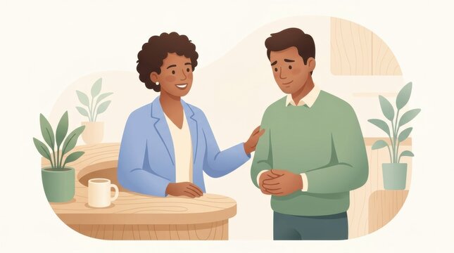 A person offers support and guidance to a colleague in a work setting, focusing on de-escalation during conflict.