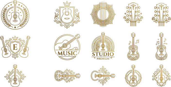 Luxury golden acoustic guitar music logo emblems and vintage monogram linear insignias vector collection for premium branding