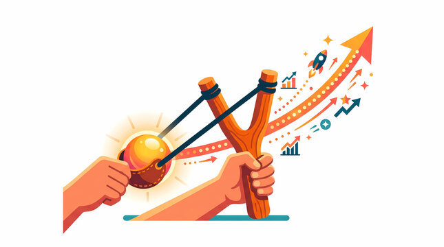 Vector illustration of hands pulling a wooden slingshot to launch a glowing golden ball toward an ascending business growth arrow