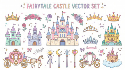 Obraz premium Fairytale Castle Vector Set – Fantasy Princess Castles, Crowns and Magical Elements in Dreamy Pastel Flat Illustration