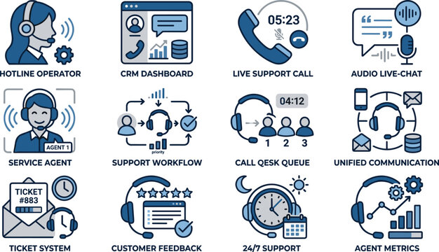 Customer service call center and online tech support vector icon set featuring crm system communication helpline symbols
