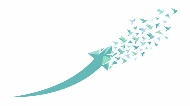 Vector illustration of an upward geometric arrow transforming into flying birds in teal and white.