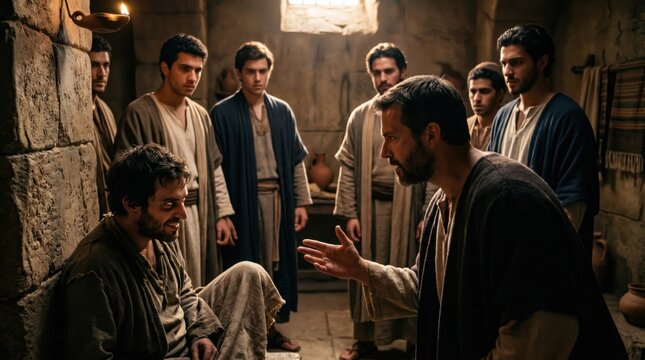 Seven sons of Sceva, Jewish exorcists, attempting to cast out evil spirit in name of Jesus. Biblical scene from Acts of Apostles. Dramatic encounter between man and brothers in house.
