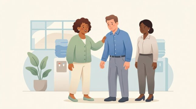 Two coworkers support a third colleague who appears upset, promoting workplace violence prevention through de-escalation techniques.