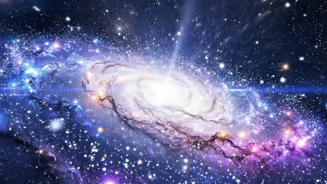 A stunning galaxy with vibrant purple and blue hues, surrounded by stars