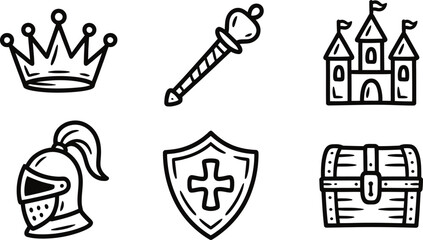 Collection of handdrawn medieval royalty symbols and items isolated on transparent background