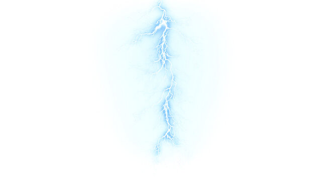Lightning strike, natural phenomenon. Lightning on an isolated transparent background. Blue lightning during a thunderstorm or storm.