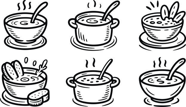 Collection of hand drawn illustrations of hot steaming soup bowls and pots with spoons and bread