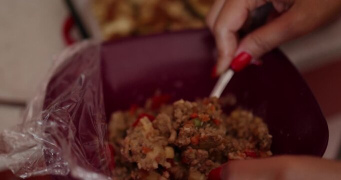 A mouthwatering close-up video of a savory dish being prepared with seasoned meat. Rich colors, steam, and textures highlight the culinary artistry. Ideal for cooking tutorials, recipe content