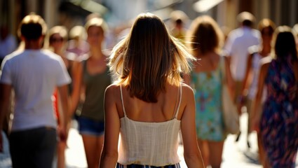 Obraz premium A woman walks down a busy city street surrounded by people on a sunny day, her hair blowing in the wind as she moves through the crowd.