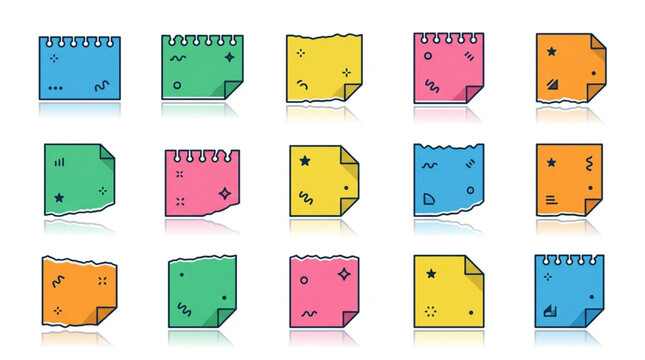Colorful sticky notes with torn edges and reflections.