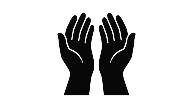 Black silhouette icon of human hands held up in prayer or offering gesture.