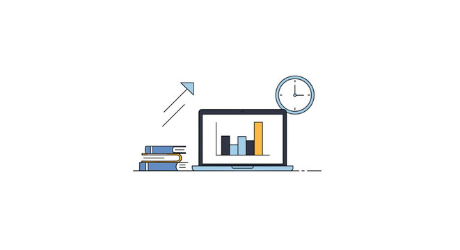 Business growth concept with laptop showing financial chart and stack of books with clock symbolizing time management Vector