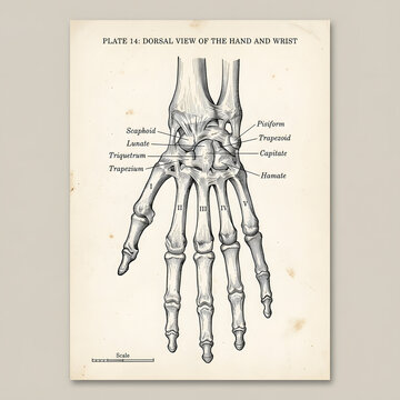 Antique anatomical illustration of the human hand bones and joints with human body