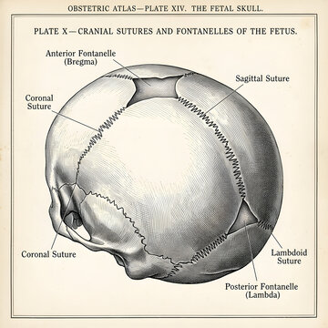 Vintage illustration of a fetal skull with cranial sutures and fontanelles, medical chart