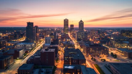 Fototapeta premium Aerial view capturing fort wayne, indiana's skyline glowing at dusk, with a vibrant, colorful sky and city lights illuminating the urban landscape, buildings, and streets below