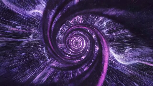 Mesmerizing abstract spiral tunnel with vibrant purple and pink energy waves and glittering particles, creating a futuristic visual effect of cosmic travel or digital data flow, an exciting sci-fi.