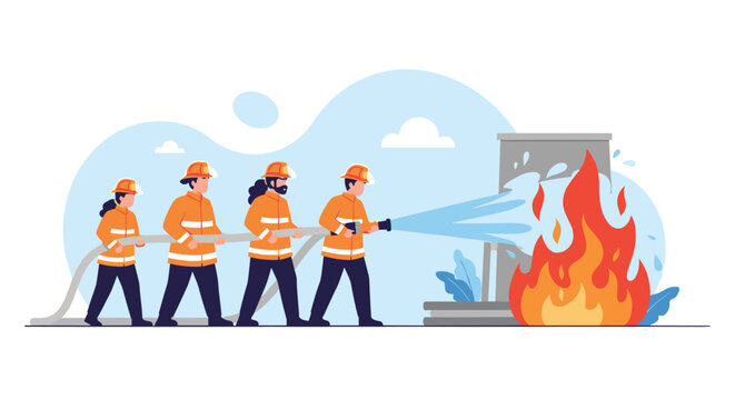 Team of brave firefighters in orange protective gear using a powerful water hose to extinguish a bright fire in a city area.