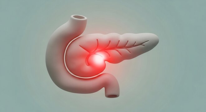 Pancreas inflammation concept with red glow on organ illustration.